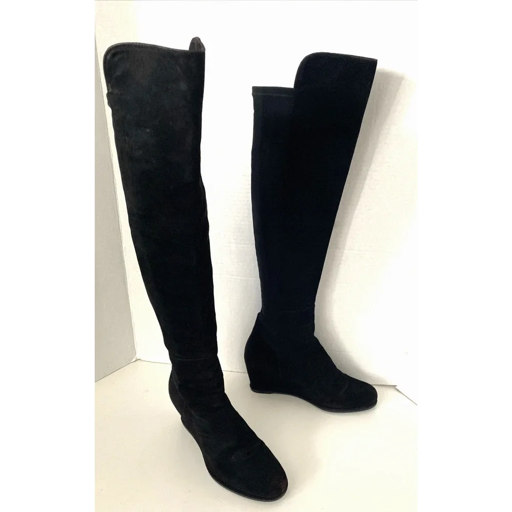 Stuart Weitzman Semi Boot Tall Stretch Back Suede Wedge Round Black OTK 5